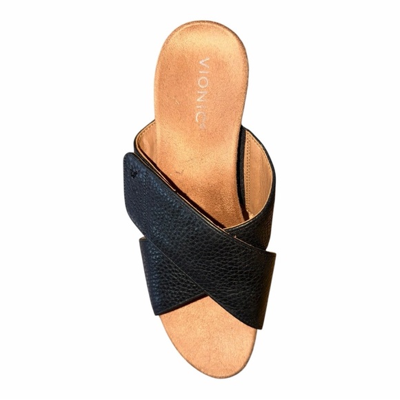 Vionic Black Leather Adjustable Cross-Strap Cork Heel Sandals with TanFootbed - Picture 13 of 14